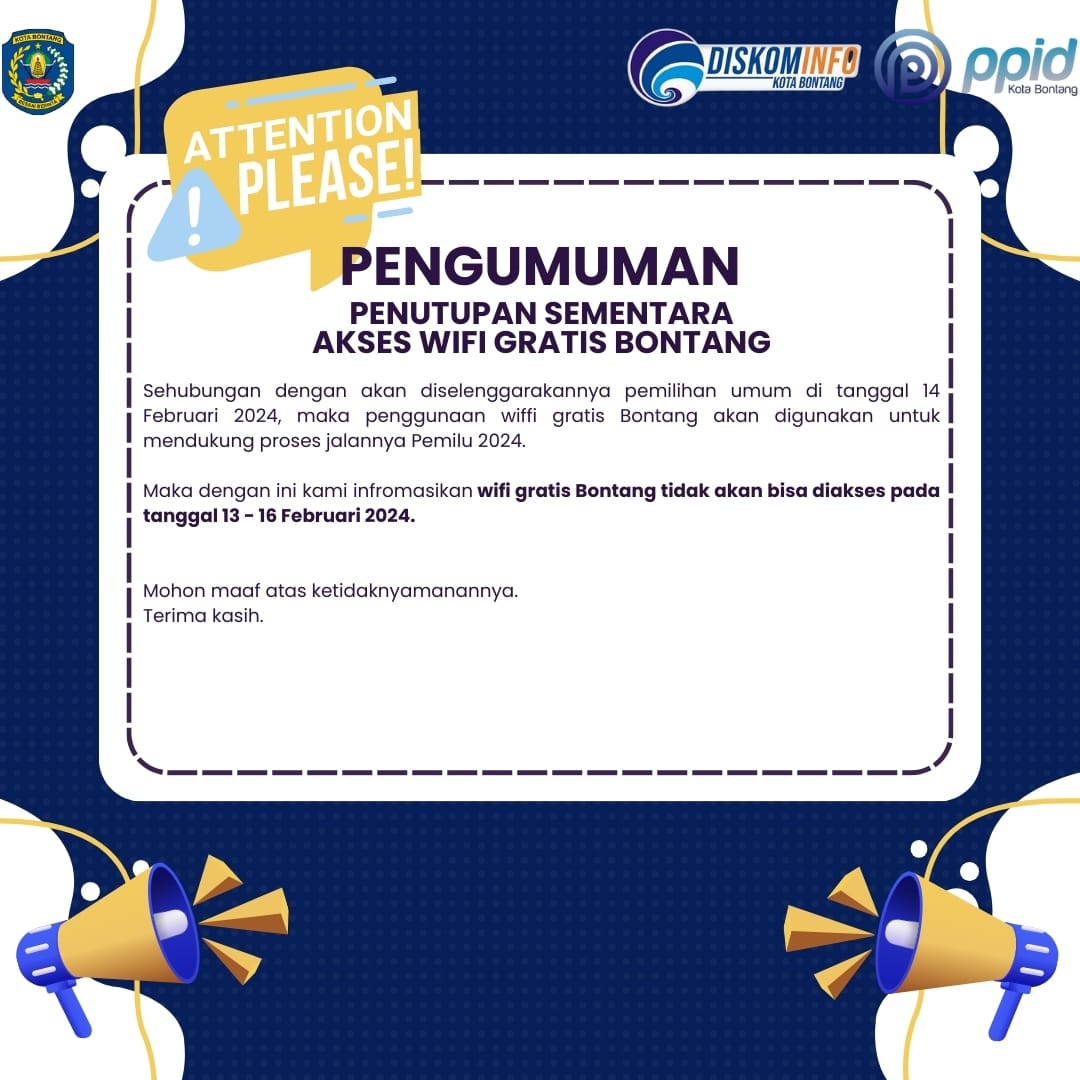 Diskominfo Bontang umumkan penutupan akses wifi gratis jelang Pemilu 2024.