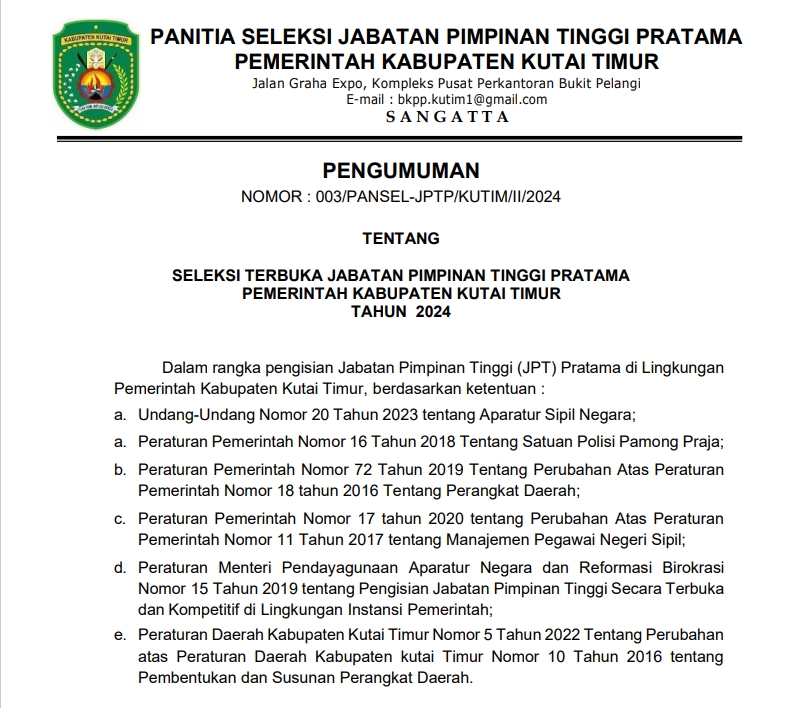 Lelang Delapan Kursi Lowong JPTP Pemkab Kutim