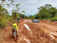 Jalan utama penghubung antar desa di Kecamatan Muara Ancalong berubah menjadi kubangan lumpur saat hujan.(Dok: tio/expresi)