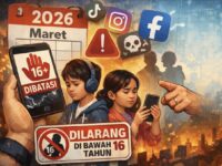 Ilustrasi pembatasan penggunaan media sosial bagi anak di bawah usia 16 tahun yang mulai diberlakukan pemerintah pada akhir Maret 2026 sebagai upaya memperkuat perlindungan anak di ruang digital.(tio/expresi)
